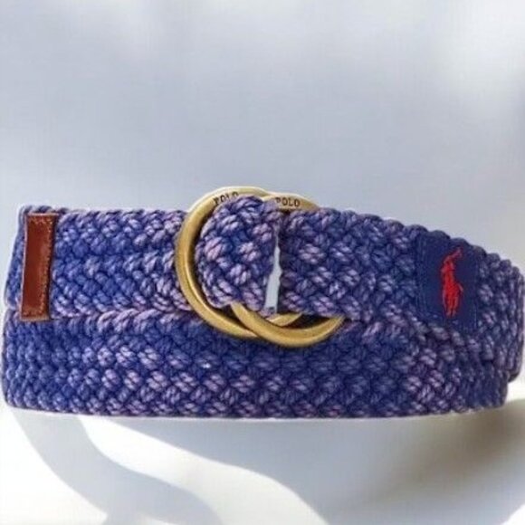 Polo Ralph Lauren Blue Webbed Cotton ORing Belt Leather Trim Braided New Medium - Picture 2 of 8